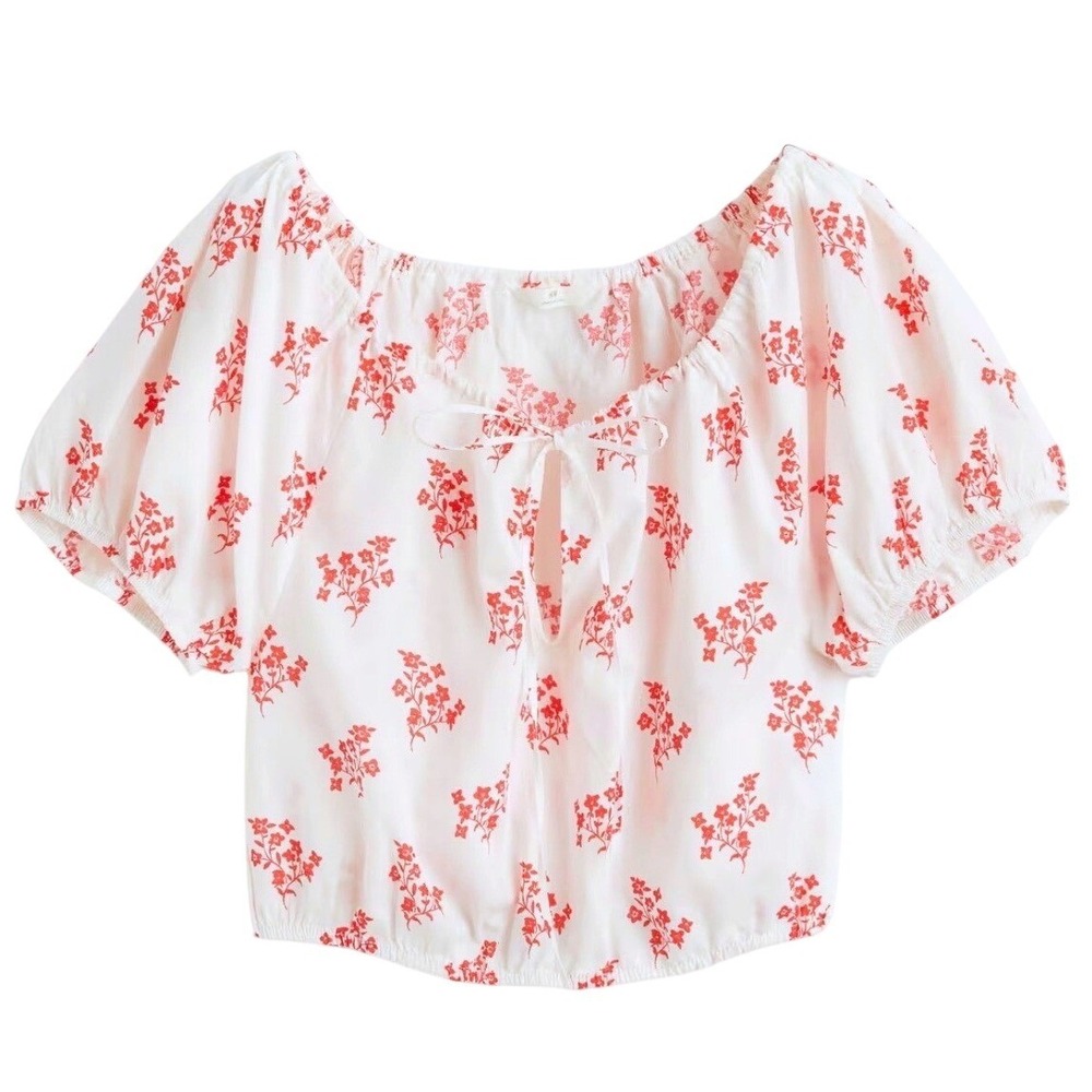 H&M‎ Women's White Red Floral Tie Neck Linen Blend Cropped Blouse Top XL Boho